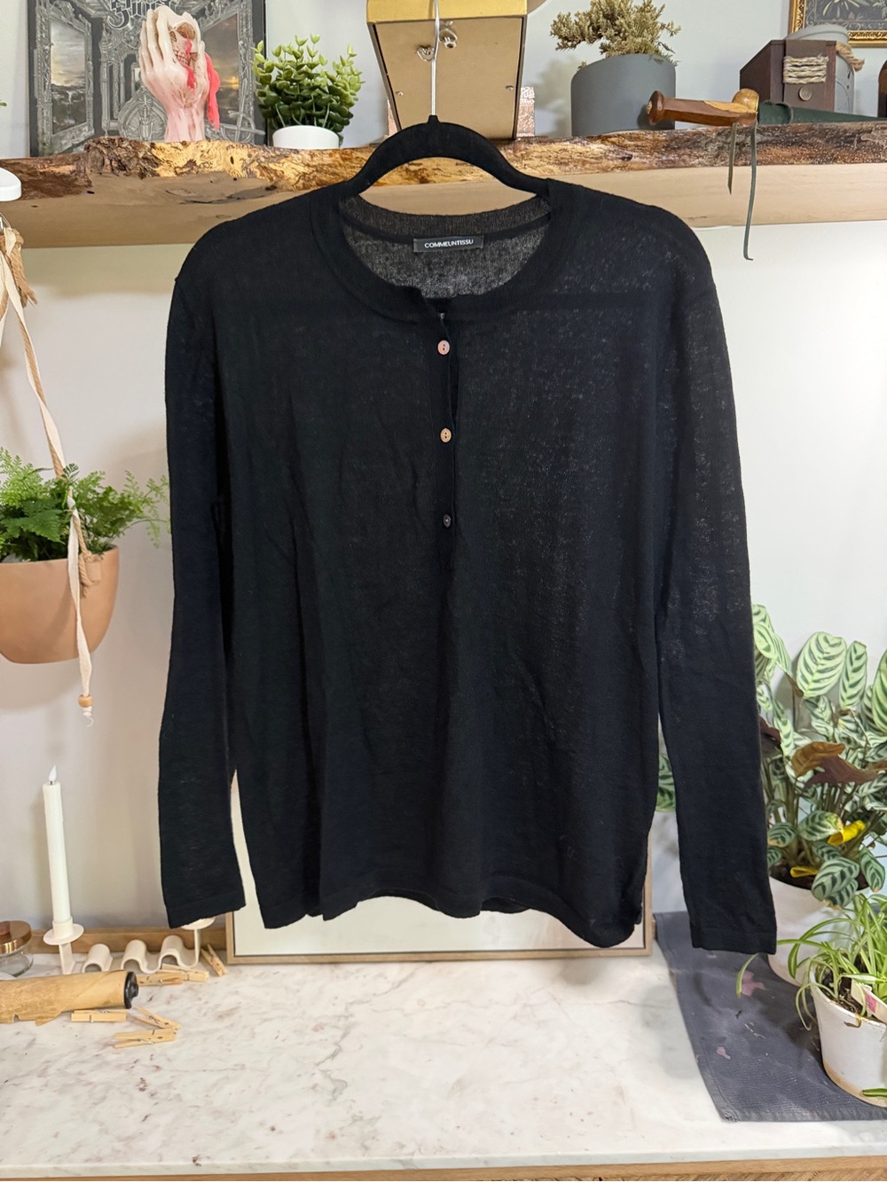 Commeuntissu Alpaca Wool Black Button Henley Cardigan with Monogram